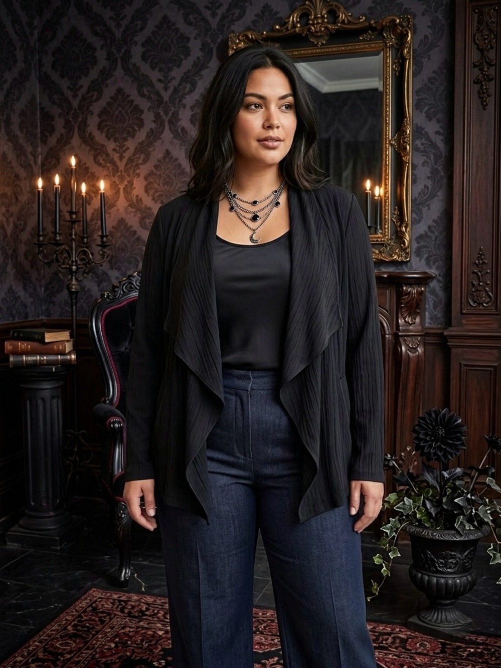 Piccadilly Canada Crinkle Draped Open Front Jacket Black Plus Size XXL